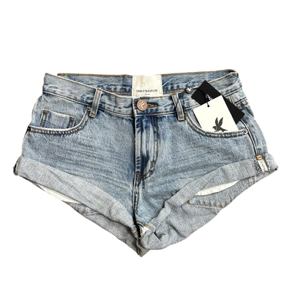 ONE TEASPOON Bandits Jean Shorts Ocean Wash Relaxed Fit Twisted Cuff Size 25 NEW